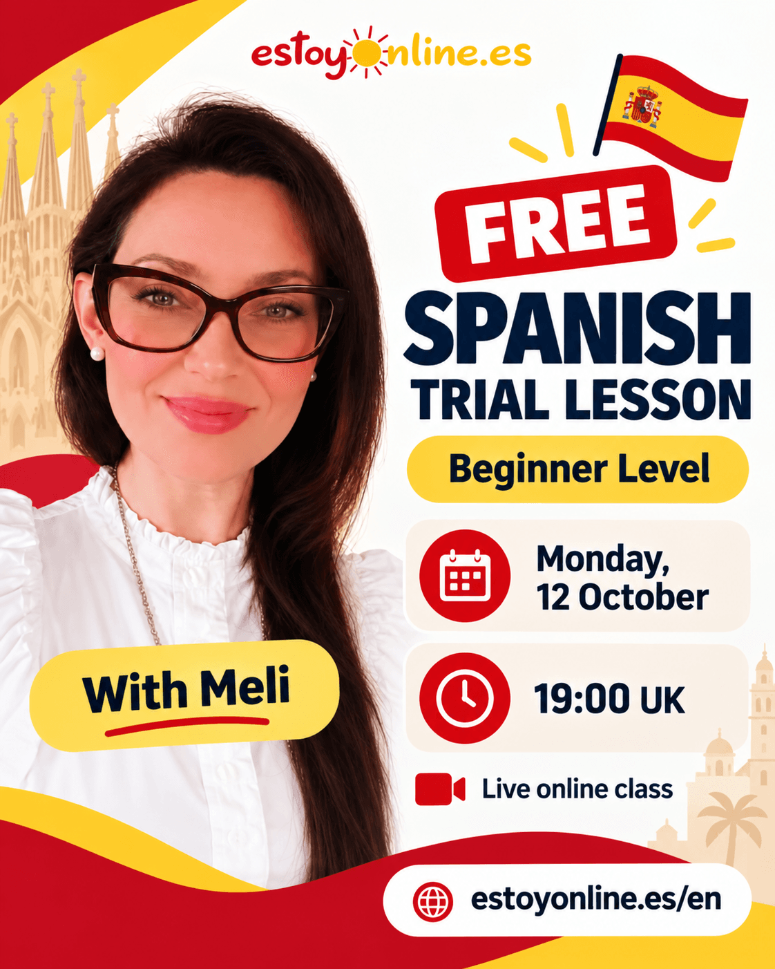 EstoyOnline.es announcement: free Spanish trial lesson, beginner level, with Meli. Monday, 12 October, 19:00 UK. Live online class.